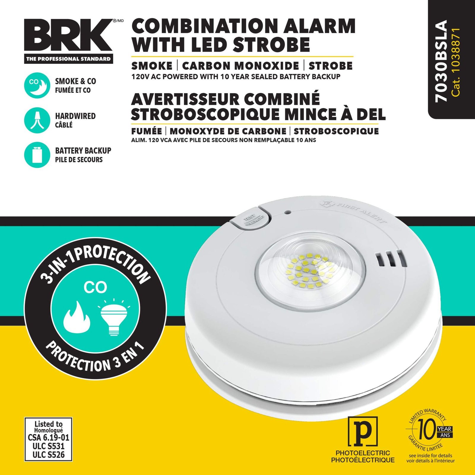 7030BSLA BRK 3in1 Combination Strobe & Smoke-CO Alarm Hardwired with Battery Backup