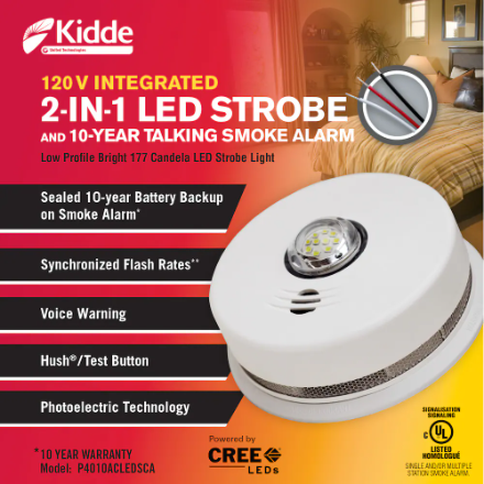 P4010ACLEDSCA Kidde 2in1 Led Strobe & Smoke Alarm Hardwired with Battery Backup